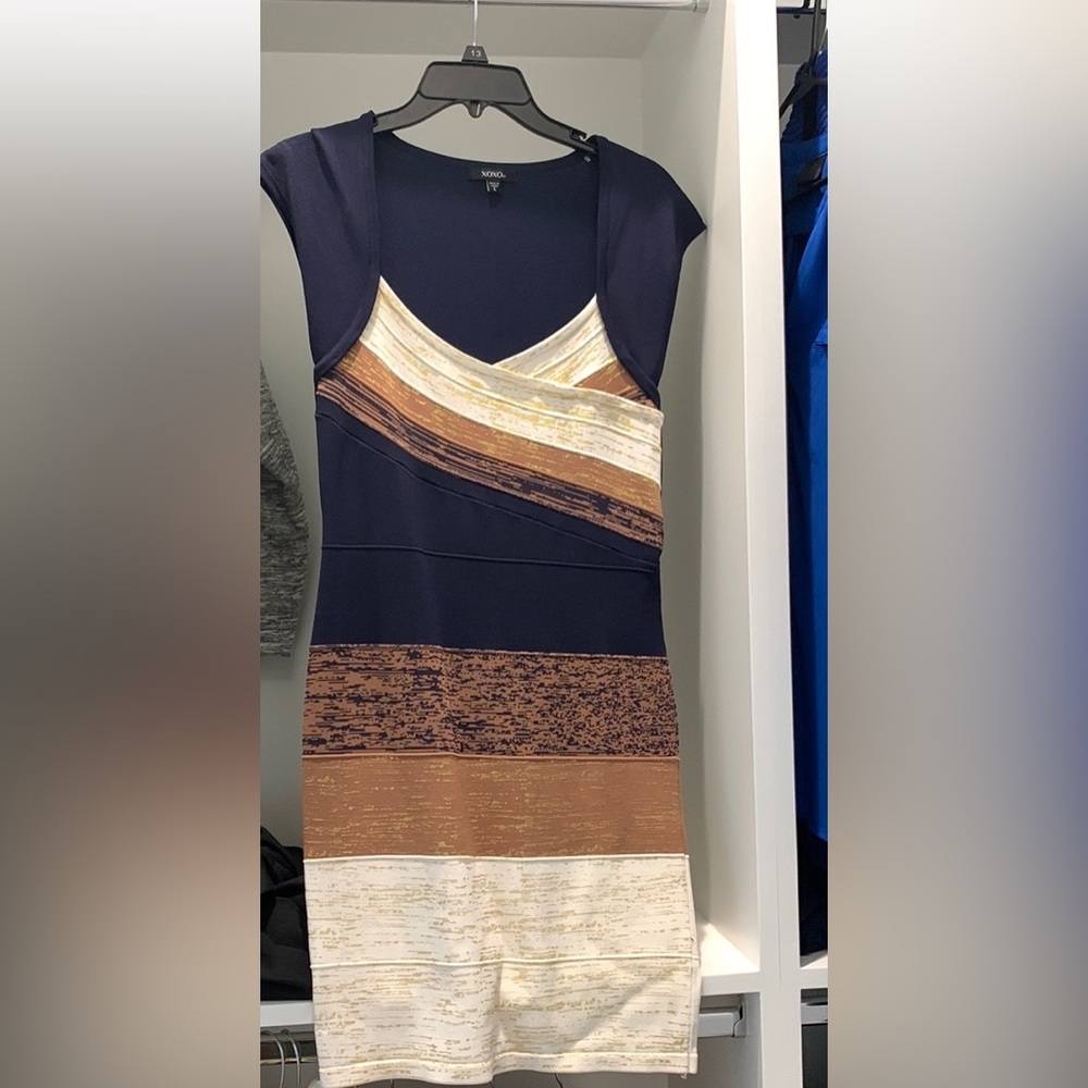 XoXo brand navy, gold and cream cocktail dress. Size large.